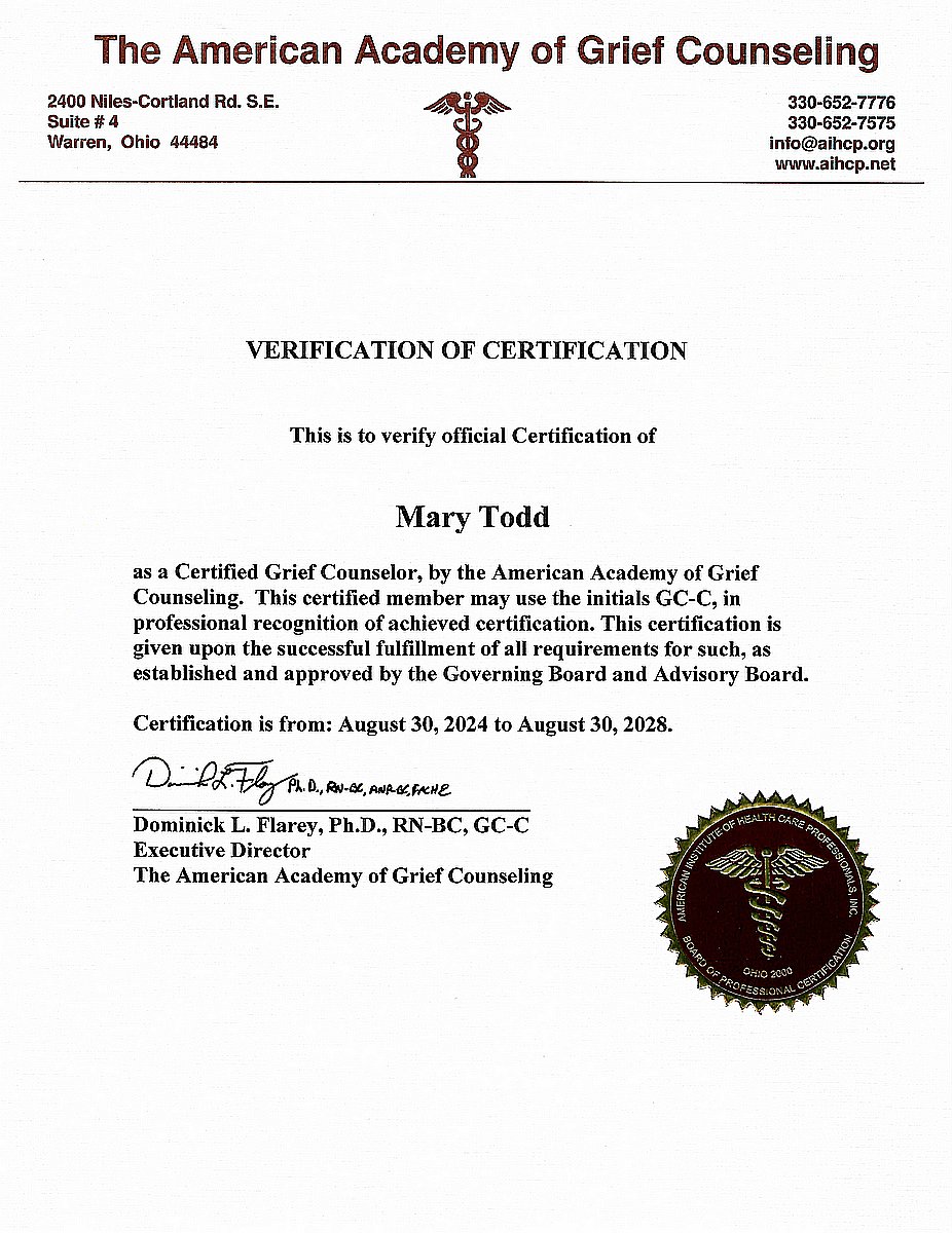 American Academy of Grief Counseling (AAGC) – Certified Grief Counselor (Advanced Credentials)