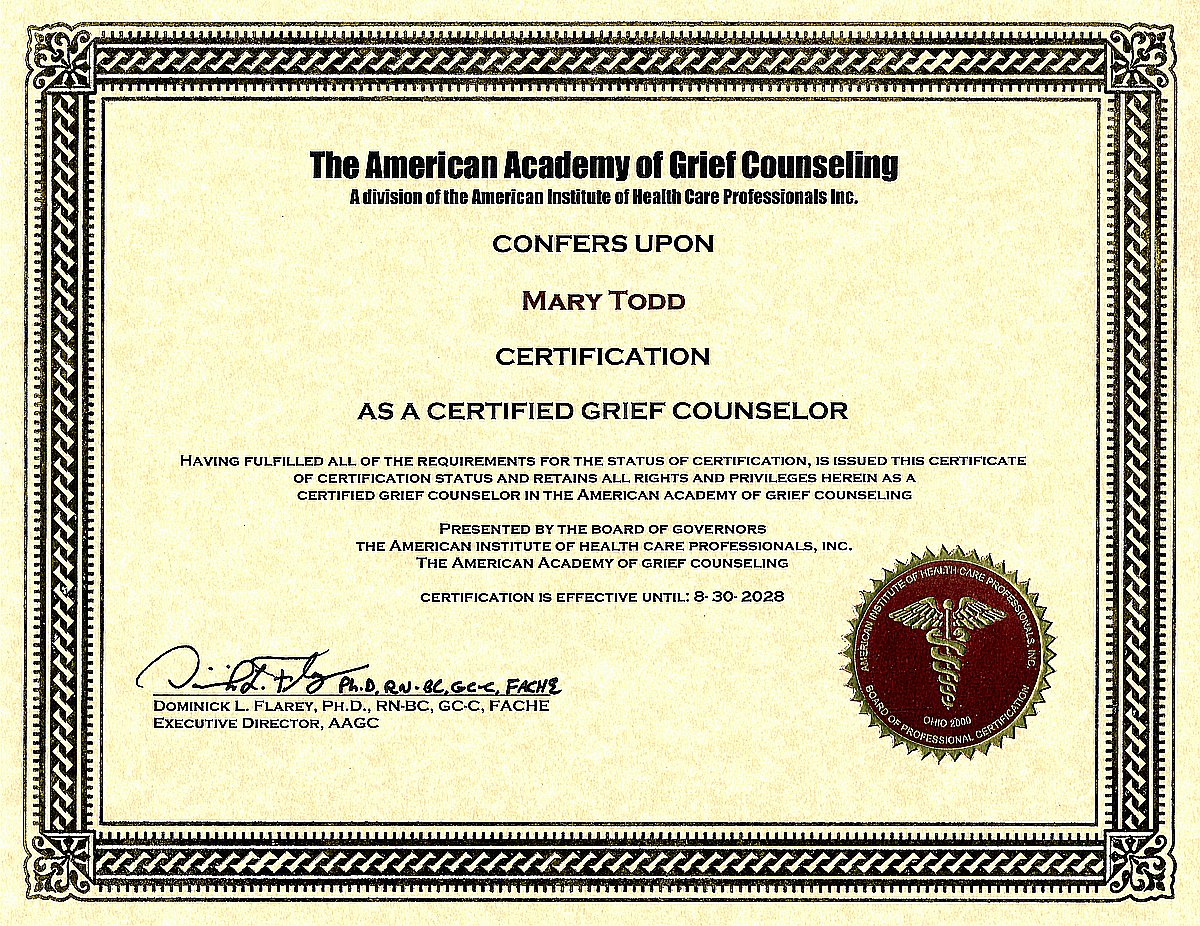 American Academy of Grief Counseling (AAGC) – Certified Grief Counselor (Primary Certification)